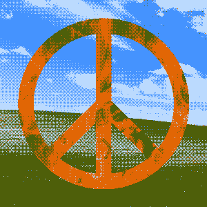 The album cover for Black Dressees' Peaceful as Hell. The cover is a digital collage, which depicts the Windows XP default background, an idyllic hill covered in grass with a blue sky above it, and a peace sign, whose lines are made up of a photograph of flames.