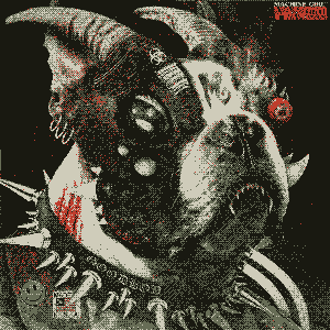 The album cover for Machine Girl's U-Void Synthesizer, which depicts the head of a strange cyborg bulldog. The artwork is deliberately made with heavy handed photoshop/collage work, which contributes to the strange appearance of the bulldog. Some of the dog's strange features include goat horns, several tattoos, three gold earrings, and an extremely menacing spiked collar with the text 'GOOD BOY' on it in the style of old handwritten manuscripts.