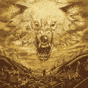 The album cover for Phalanx's Golden Horde. The cover is a heightened, semi-realistic illustration of a battlefield. Numerous fallen warriors lay along a valley floor, which is centered in the bottom of the image. One lone warrior stands in the middle of the corpse-laden valley, looking up. In the air above them, a volley of arrows approaches, in a formation the shape of a snarling wolf.