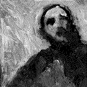 1-bit version of the album art for Rejoice's All of Heaven's Luck. A figure is rendered in big splotches of paint. Their mouth, brow, and eye sockets are heavily defined by shadow. The shadow overwhelms their figure from the neck down. They blur partially into the smeary background they stand in front of.