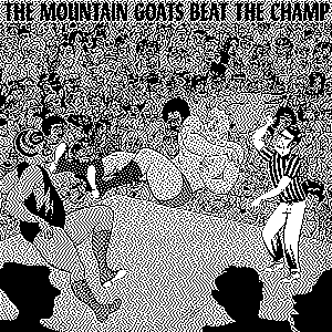 1-bit version of album art for The Mountain Goat's Beat the Champ. An illustration depicts a long-haired wrestler leaping through the air to kick his masked opponent. A referee watches from the side of the ring. A large crowd looks on from behind the wrestlers. The band name and album title span the top of the artwork