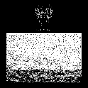 1-bit version of the album art for Chat Pile's Cool World. The band's spooky logo appears at the top, on a black background. The background creates a frame for a photograph in the lower 2/3rds, which looks like hills near a US highway, where a large cross and utility poles stand above the horizon.