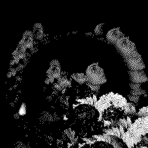 1-bit version of the album art for Ragana's Desloation's Flower. In the center, the two members of Ragana, Maria and Coley, sit back-to-back behind a large bouquet of flowers. Their faces are reflected and arrayed in a ring around them.