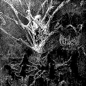 A 1-bit image of the album art for Replicant's Infinite Mortality. A figure is suspended in spider webs, surrounded by other robed figures, who circle them in an omimnous, ritualistic pattern. The band's scraggly, spooky logo is set to the right of the suspended figure.