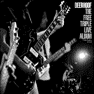 A 1-bit image of the album art for Deerhoof's The Free Triple Live Album. One guitar player is in center-focus, surrounded by other band members in soft focus in front of and behind them. The album name is rendered in a bold, all-caps sans-serif font, right-justified and set in the top right corner.